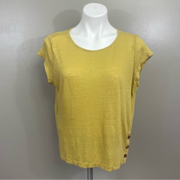 TAHARI women’s size Large 100% LINEN Short Sleeve Top mustard yellow beach - Picture 1 of 8
